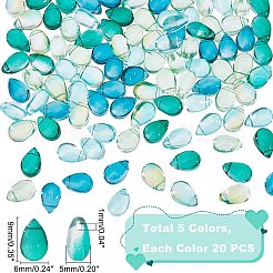 100個5色透明ガラスチャーム  キラキラゴールドパウダー  ティアドロップ  グリーン  9x6x5mm  穴：1mm  20個/カラー&nbsp;GGLA-GA0001-04