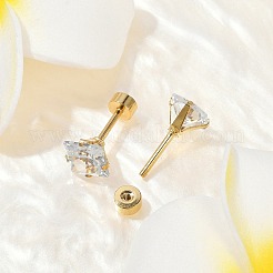 四角いガラスの耳栓  304ステンレススチールピアススタッドスクリューイヤリング女性用  ゴールドカラー  透明  6x6mm  ピン：1mm&nbsp;EJEW-H105-24G-D