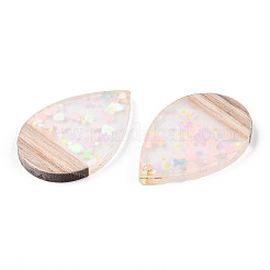 透明レジン＆ホワイトウッドペンダント  スパンコール付きティアドロップチャーム  透明  36.5x24.5x3mm  穴：2mm&nbsp;RESI-N039-35