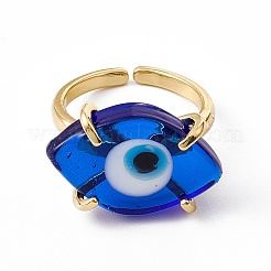 ランプワーク オーバル ウィズ イービル アイ オープン カフ リング  女性のための本物の 18 k 金メッキ真鍮ラッキー ジュエリー  鉛フリー＆カドミウムフリー  ミックスカラー  usサイズ6 1/4(16.7mm)&nbsp;RJEW-I086-13G