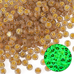 50g 光る透明アクリルビーズ  アルファベット付きフラットラウンド  暗闇で光る  ゴールドライン入り  U字  7x4mm  穴：1.8mm  約370個/50g&nbsp;OACR-TAD0001-01U