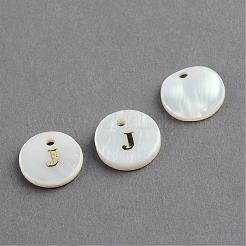 淡水シェルペンダント  ゴールドブロック文字.j付きのフラットラウンド  11.5x2mm  穴：1.5mm&nbsp;SSHEL-S249-J