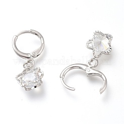 真鍮huggieフープピアス  クリアキュービックジルコニア  花  プラチナ  26mm  ピン：0.8mm&nbsp;EJEW-Z003-04P