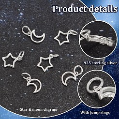 6個、2つのスタイル、925つのスターリングシルバーの空洞の星と月のチャーム  丸カン付き  シルバーカラー  混合図形  10.5~11x7.5~9.5x1.5mm  穴：3.8mm  3個/スタイル&nbsp;STER-PH0002-81