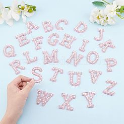 布用ホットフィックスラインストーンアイロン/縫い付けパッチ  マスクと衣装のアクセサリー  アップリケ  ガラスラインストーンとABSパールビーズ付き  文字aからz  ピンク  43.5~51x20~51x5.5mm  26個/セット&nbsp;DIY-WH0321-80