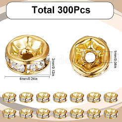 300個真鍮ラインストーンスペーサービーズ  グレードB  ゴールドカラー  6x3mm  穴：1mm&nbsp;RB-SC0004-83G