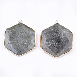 天然石ラブラドライトペンダント  真鍮パーツ  多面カット  六角  ゴールドカラー  44~45x36~37x5~6mm  穴：2mm&nbsp;G-T112-19A