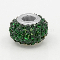 レジンラインストーンヨーロピアンビーズ  大穴ビーズ  ロンデル  白金金属色  エメラルド  15x10mm  穴：5mm&nbsp;MPDL-J018-14P