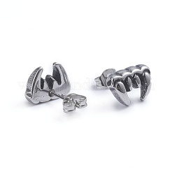 レトロ 304 ステンレス スタッド イヤリング  犬歯  アンティークシルバー  8.5x12mm  ピン：0.7mm&nbsp;EJEW-L248-013AS