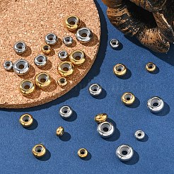 15個3スタイル304ステンレススチールビーズ  内部のゴムと  スライダービーズ  ロンデル  ゴールドカラー  6~10x3~5mm  穴：3~5mm  ゴム穴：2~3.5mm  5個/スタイル&nbsp;STAS-YW0003-56G