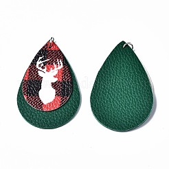 クリスマステーマpuレザービッグペンダント  プラチナトーン鉄製丸カン付き  ティアドロップ  クリスマスのトナカイ/クワガタと  シーグリーン  56.5x37x3mm  穴：5mm&nbsp;FIND-R080-05