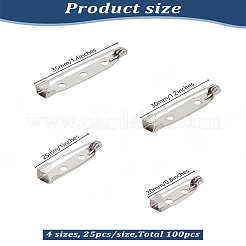 100個 4スタイル 鉄製安全ピン ブローチ金具  プラチナ  20~35x5~6x5~6mm  ピン：0.8mm  25個/スタイル&nbsp;IFIN-LP0001-11