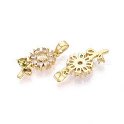 真鍮製マイクロパヴェキュービックジルコニアペンダント  花  16KGP本金メッキ  透明  20x10.5x3mm  穴：3x5mm&nbsp;KK-T071-135G-01