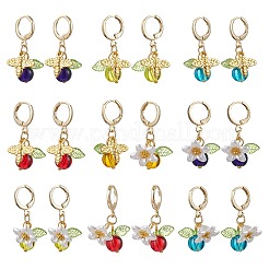 合金アクリルフープピアス  ガラスと  花とミツバチ  ミックスカラー  31x15.5mm&nbsp;EJEW-JE06439