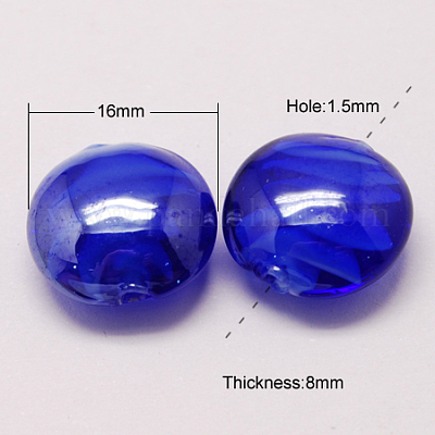 手作りランプワークビーズ  パールカラーの  フラットラウンド  ミディアムブルー  16x8mm&nbsp;LAMP-S010-16mm-01-1