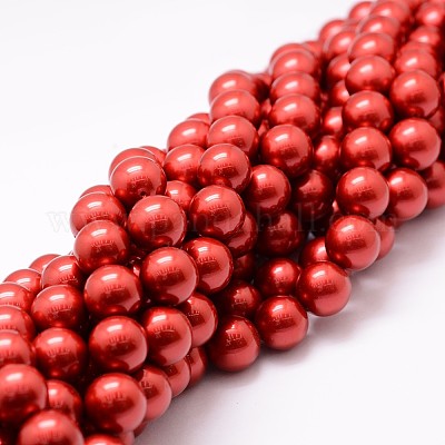 シェルパールビーズ連売り  ラウンド  グレードA  レッド  12mm  穴：1mm  約34個/連  16インチ&nbsp;BSHE-L026-08-12mm-1