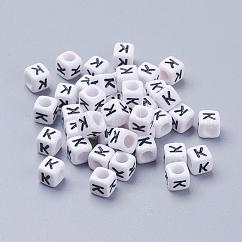アクリル横穴レタービーズ  キューブ  ホワイト  文字k  サイズ：幅さ約6mm  長さ6mm  高差6mm  穴：約3.2mm  約2600個/500g