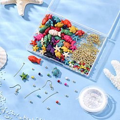 DIYブレスレット＆イヤリング作りキット  合成ターコイズビーズを含む  ガラスシードビーズ  伸縮性のある糸  真鍮のピアスフック  真鍮のボールヘッドピン  ミックスカラー  4~18.5x4~25x4~7mm&nbsp;DIY-FP0001-53