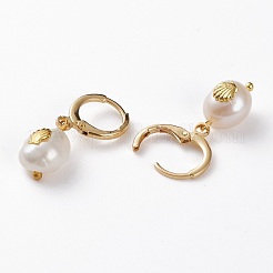 真鍮huggieフープピアス  合金カボションと天然バロックパールケシパールビーズ付き  海洋生物と楕円形  ゴールドカラー  25~28mm  ピン：1mm&nbsp;EJEW-JE04433