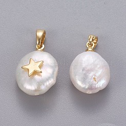天然養殖淡水パールペンダント  真鍮パーツ  星とナゲット  長持ちメッキ  ゴールドカラー  17~27x12~16x6~12mm  穴：4x2.5mm&nbsp;KK-L187-09G