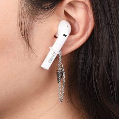 ワイヤレスイヤホン用変色防止紛失防止イヤリング  女性用ハンギングチェーン付きコーンダングルフープピアス  ステンレス鋼色  98mm  ピン：0.7mm&nbsp;EJEW-JE04784