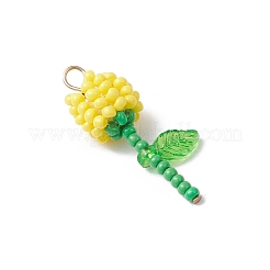 グレードA 丸型ガラスシードビーズ アクリルフラワーチャーム  304ステンレス鋼フラットヘッドピン  きいろ  28.5x13x10mm  穴：3mm&nbsp;PALLOY-MZ00690-01