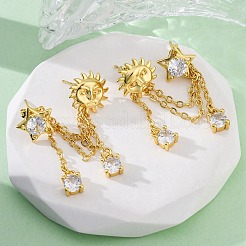 真鍮マイクロペーブクリアキュービックジルコニアスタッドピアス  長持ちメッキ  鉛フリー＆カドミウムフリー  太陽と星  チェーンチャーム  左右  18KGP本金メッキ  39.5mm&nbsp;EJEW-H158-24G