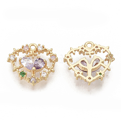 真鍮キュービックジルコニアチャーム  ニッケルフリー  ハート  18KGP本金メッキ  ライラック  14.5x15x3mm  穴：1.2mm&nbsp;KK-T050-03G-01-NF