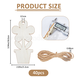 40個の花のDIY絵画材料木製ペンダント  ジュートロープ付き  ナバホホワイト  100x53x2.5mm  穴：5mm&nbsp;DIY-FH0010-96