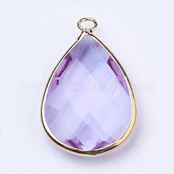 ゴールデントーン真鍮ガラスティアドロップペンダント  多面カット  紺碧  18x10x5mm  穴：2mm&nbsp;GLAA-M006-A-14G