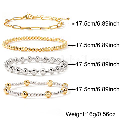 女性用真鍮製丸ビーズストレッチブレスレット4種と304ステンレススチール製ペーパークリップチェーンブレスレット4個  本金メッキ&ステンレススチールカラー  6.89インチ（17.5cm）&nbsp;HO1233