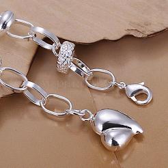 女性のための真鍮ハートチャームブレスレット  カニカン付き  銀  180x7mm&nbsp;BJEW-BB12508