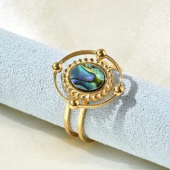 女性用楕円形 304 ステンレススチール パウア貝指輪  イオンプレーティング（ip）  18KGP本金メッキ  18x16mm  usサイズ6（16.5mm）&nbsp;RJEW-G346-09G-01