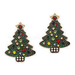 クリスマスツリー合金エナメルスタッドピアス  ラインストーン付き  ゴールドカラー  41x30mm&nbsp;FS-WG53A5C-01