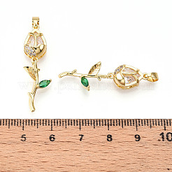 真鍮製マイクロパヴェキュービックジルコニアペンダント  カドミウムフリー＆鉛フリー  花のチャーム  18KGP本金メッキ  透明  32~33.5x11x6.5mm  穴：5x2.5mm&nbsp;KK-N254-221G-01