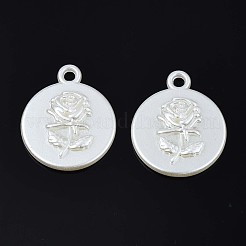 アクリル模造パールのペンダント  花付きフラットラウンド  乳白色  29.5x25x4.5mm  穴：2.5mm  約300個/500g&nbsp;OACR-N134-012