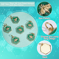 ラックメッキ真鍮エナメルペンダント6個。  丸カン付き  18KGP本金メッキ  蜂と六角形  シーグリーン  15x14x2.5mm  穴：3.6mm&nbsp;KK-BBC0004-58