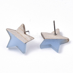 透明樹脂＆ウッドスタッドピアス  304ステンレスピン付き  スター  ライトスチールブルー  17x18mm  ピン：0.7mm&nbsp;EJEW-N017-001A-D01