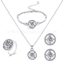 合金ラインストーンリンクブレスレット＆スタッドピアス＆ペンダントネックレス＆リングセット  フラットラウンド  プラチナ  410mm&nbsp;WG6A31F-03