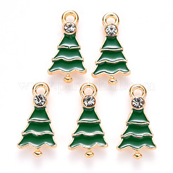 合金エナメルチャーム  クリスタルラインストーン付き  クリスマスのために  クリスマスツリー  ライトゴールド  グリーン  21x11x3mm  穴：1.8mm&nbsp;X-ENAM-S121-006