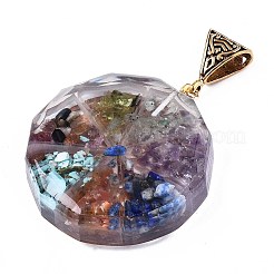 透明エポキシ樹脂錬金術ペンダント  天然宝石チップ付き  金フォイル  魔法の模様とフラットラウンド  カラフル  39.5x35.5x10.5~11.5mm  穴：5x9mm&nbsp;RESI-T049-15