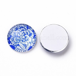 青と​​白の花​​の印刷されたガラスカボション  半円/ドーム  スチールブルー  20x6mm&nbsp;GGLA-A002-20mm-XX
