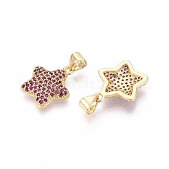 真鍮製マイクロパヴェキュービックジルコニアペンダント  スター  16KGP本金メッキ  赤ミディアム紫  17x15x3mm  穴：3~3.5x4~4.5mm&nbsp;KK-T071-136G-03