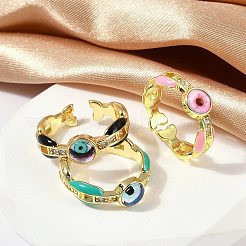 女性用真鍮マイクロパヴェクリアキュービックジルコニアエナメルカフリング  カドミウムフリー＆ニッケルフリー＆鉛フリー  目でフラットラウンド  18KGP本金メッキ  ミックスカラー  内径: 調節可能&nbsp;RJEW-L113-023G