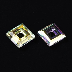 透明電気メッキガラスペンダント  ABカラーメッキ  多面カット  正方形  クリアAB  14x14x5mm  穴：6.8mm&nbsp;GLAA-Q101-01A-AB01