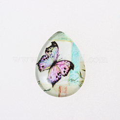 蝶印刷ガラスカボション  フラットティアドロップ  ミックスカラー  25x18x5mm&nbsp;GGLA-N002-18x25-C