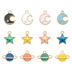 72本合金エナメルペンダント  惑星＆星＆月＆星  ライトゴールド  ミックスカラー  12~16x13~16.5x2~3mm  穴：1.6~1.8mm  4色  6個/カラー&nbsp;ENAM-LS0001-51