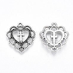 合金のチベット風チャーム  クロスレットハートペンダント  鉛フリー＆カドミウムフリー  クロスとハート  アンティークシルバー  21.5x20x3mm  穴：1.4mm&nbsp;X-TIBE-S323-059AS-RS