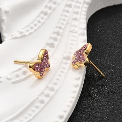 304ステンレススチールラインストーンスタッドピアス12組  蝶  ゴールドカラー  インドピンク  7x9.5mm&nbsp;EJEW-B135-01G-02