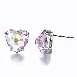 真鍮製スタンドピアス  ガラスとスチールのピン付き  ハート  プラチナ  プラム  12x13mm  ピン：0.6mm&nbsp;GLAA-S193-038E-P